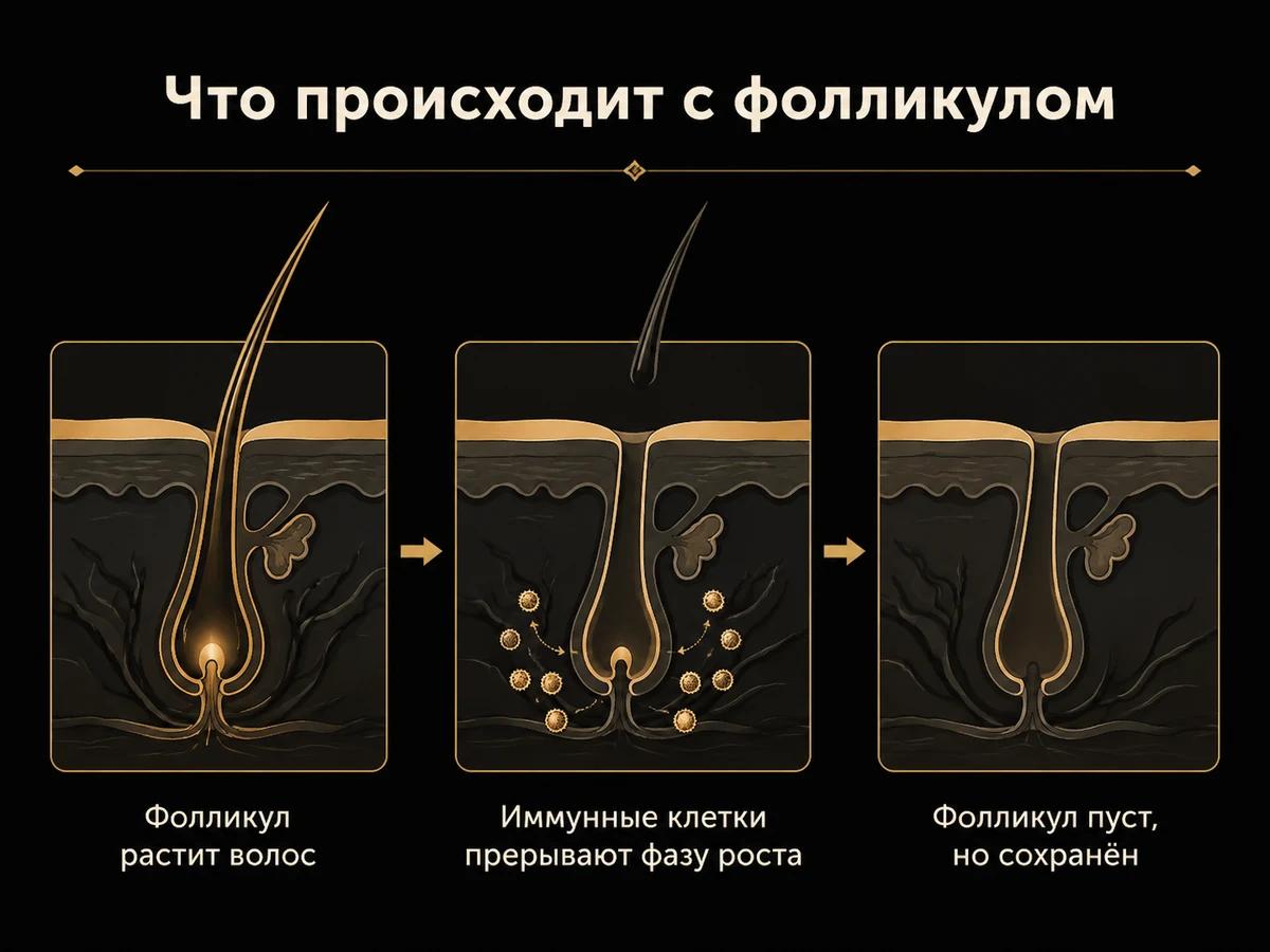 Схема трёх стадий: фолликул растит волос, иммунные клетки прерывают рост, фолликул остаётся пустым, но целым