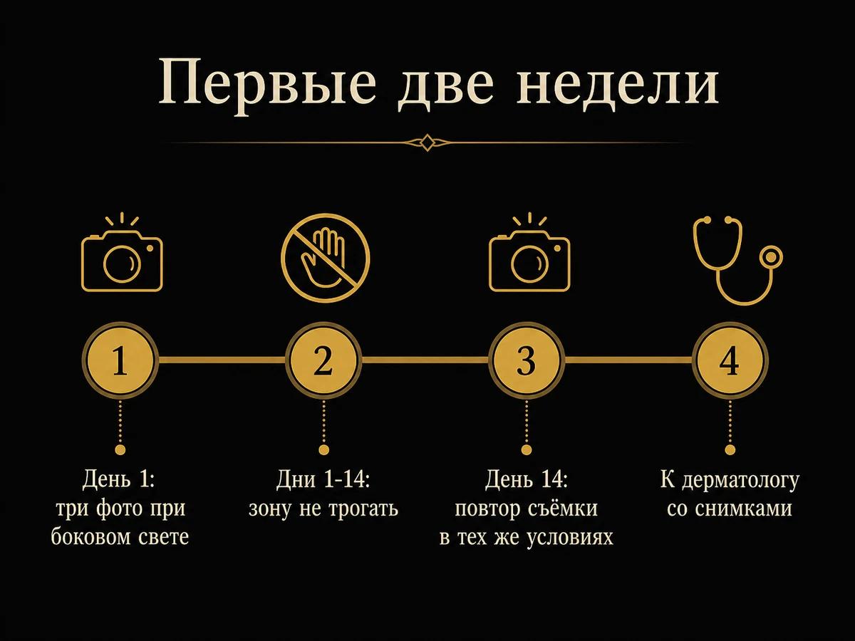 Таймлайн первых двух недель: фото в первый день, покой зоны, повторная съёмка на 14-й день, визит к дерматологу