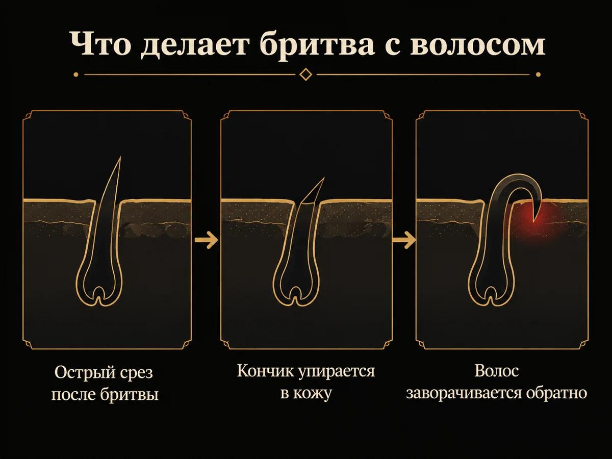 Схема: острый срез волоса после бритья и три варианта его отрастания в коже