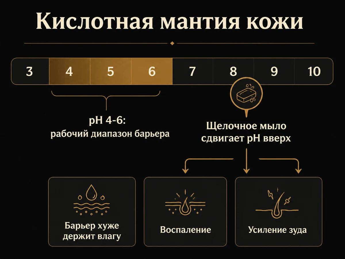 Шкала pH кожи: рабочий диапазон 4-6 и последствия сдвига в щелочную сторону