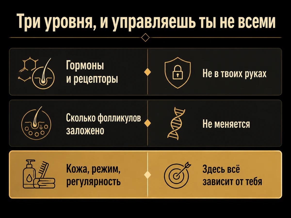 Схема трёх уровней влияния на бороду: гормоны, число фолликулов и уход за кожей