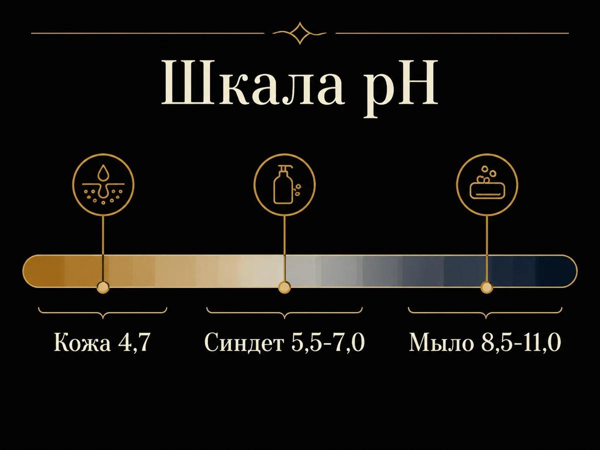 Шкала pH: кожа 4,7, синдет 5,5-7,0, щелочное мыло 8,5-11,0
