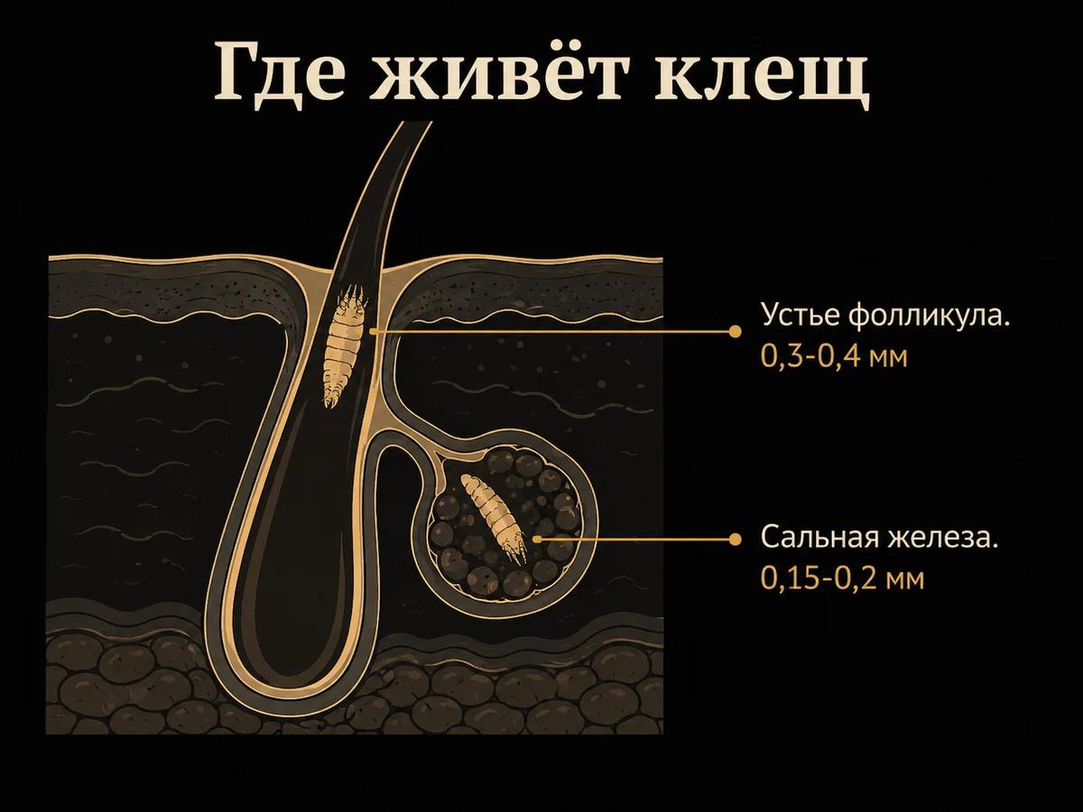 Схема кожи в разрезе: один вид клеща в устье фолликула, второй глубже, в сальной железе