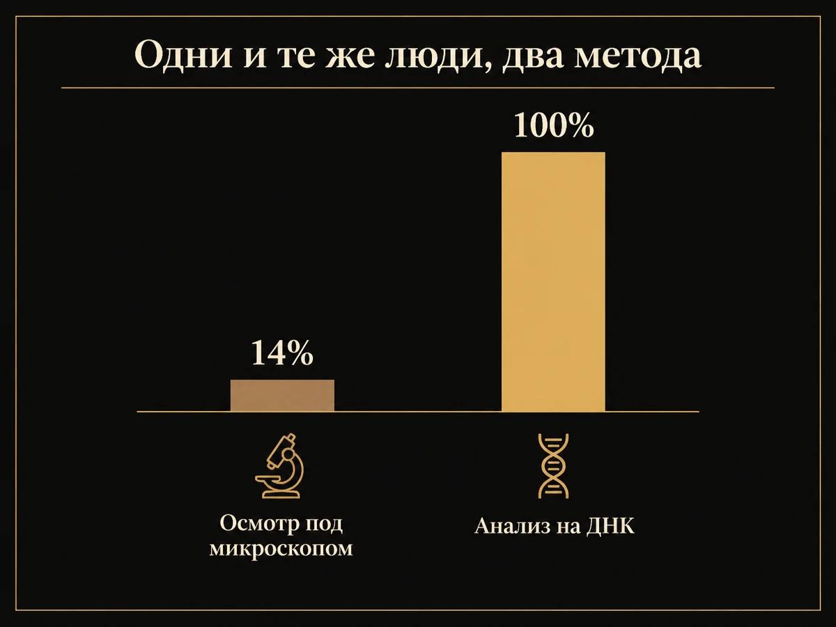Столбиковая диаграмма: осмотр под микроскопом выявил клеща у 14 процентов, анализ ДНК у 100