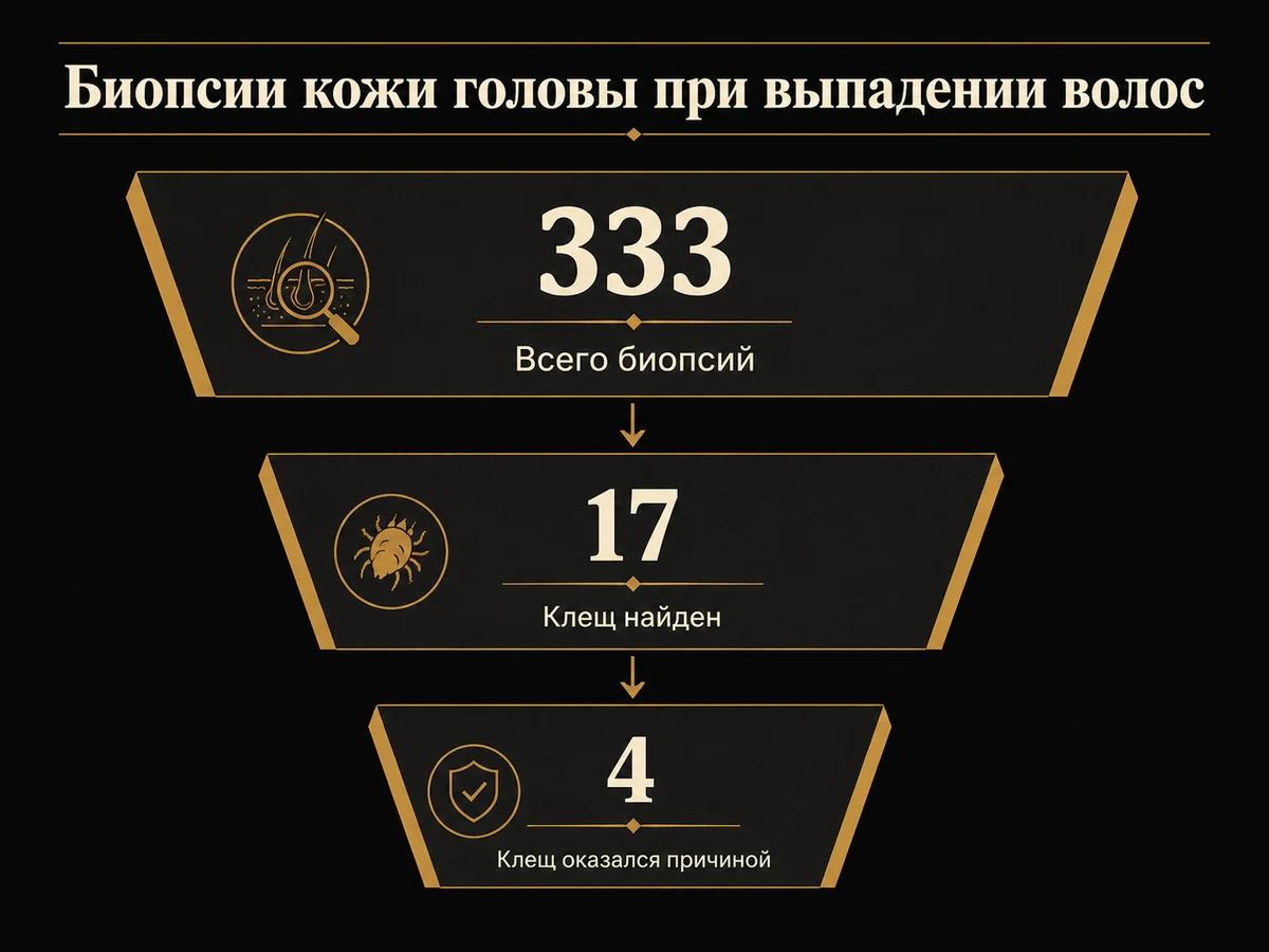 Воронка: из 333 биопсий кожи головы клещ найден в 17, причиной оказался в 4