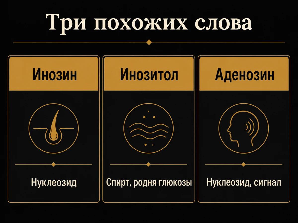 Сравнение трёх веществ с похожими названиями: инозин, инозитол и аденозин