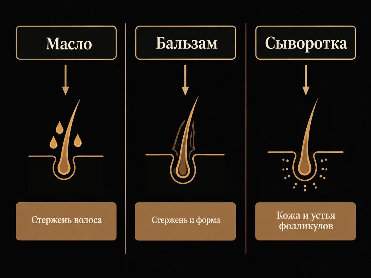 Схема: масло и бальзам работают со стержнем волоса, сыворотка с кожей и устьями фолликулов