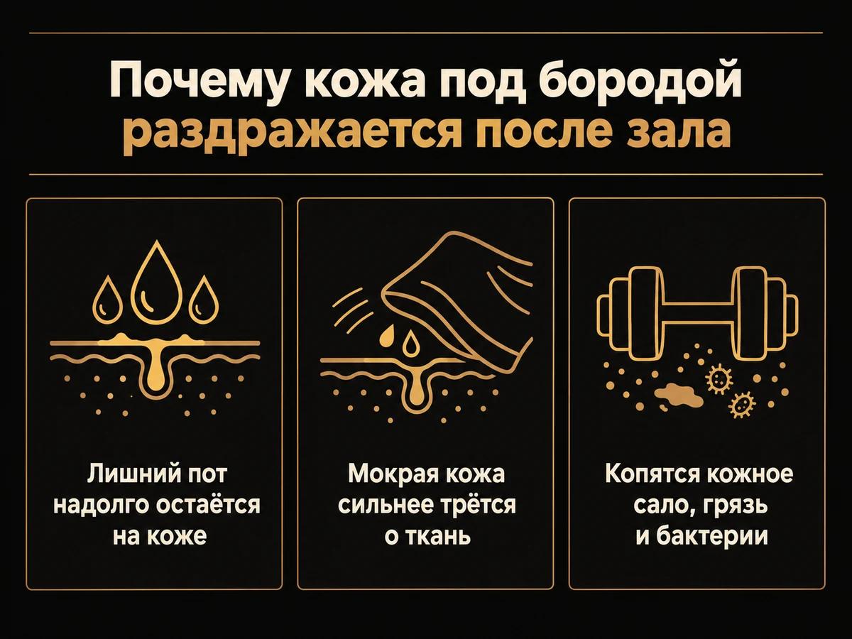Схема из трёх причин раздражения кожи под бородой после зала: пот на коже, трение мокрой кожи, сало и бактерии