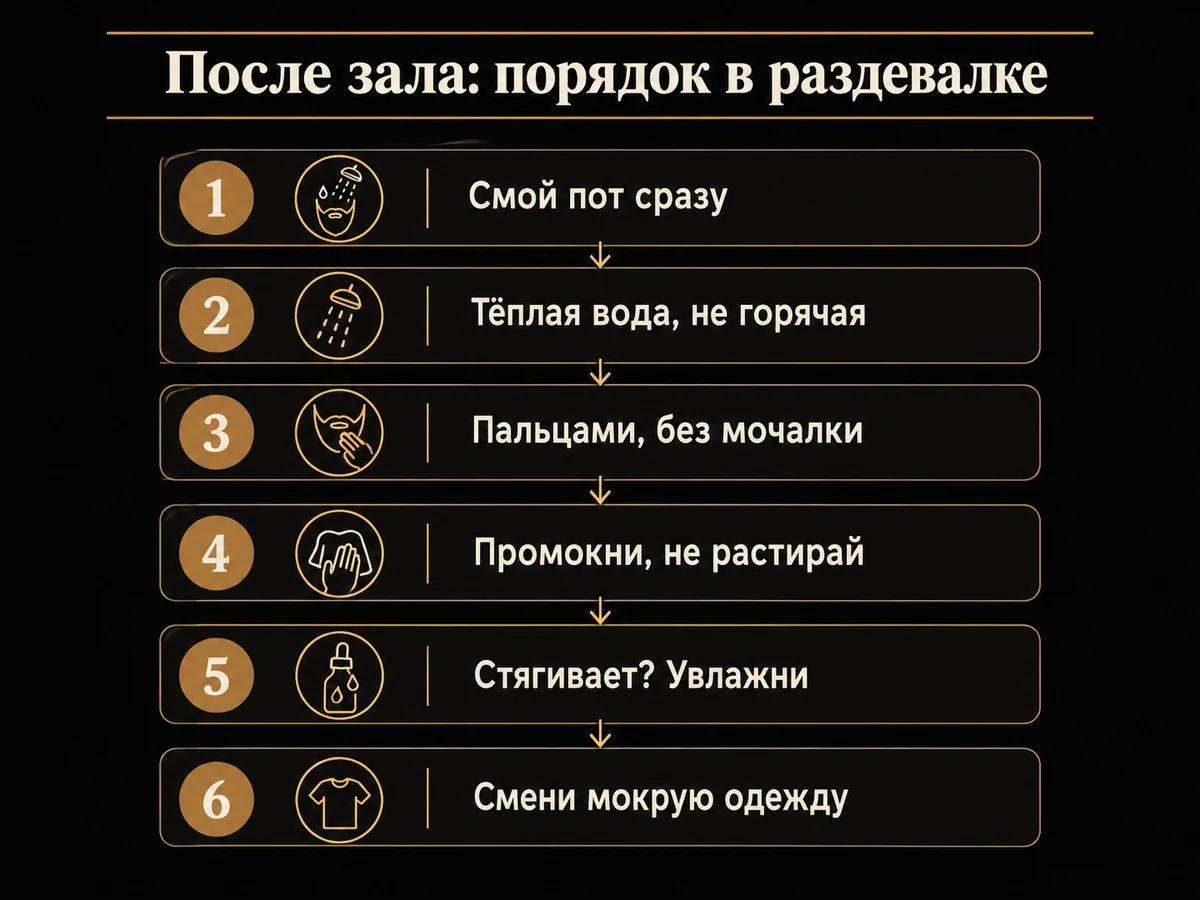 Схема из шести шагов после тренировки сверху вниз: смыть пот, тёплая вода, пальцами, промокнуть, увлажнить, сменить одежду