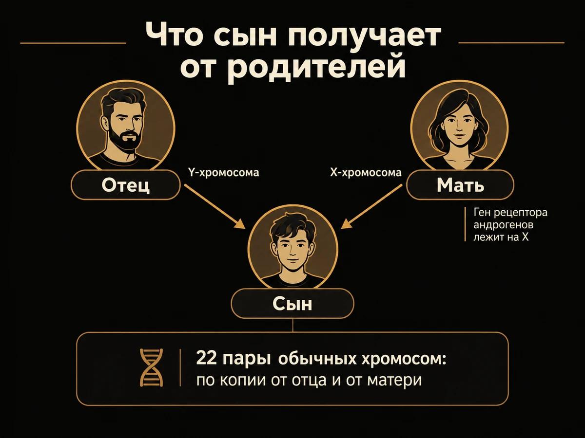 Схема: от отца сын получает Y-хромосому, от матери Х-хромосому, обычные хромосомы от обоих