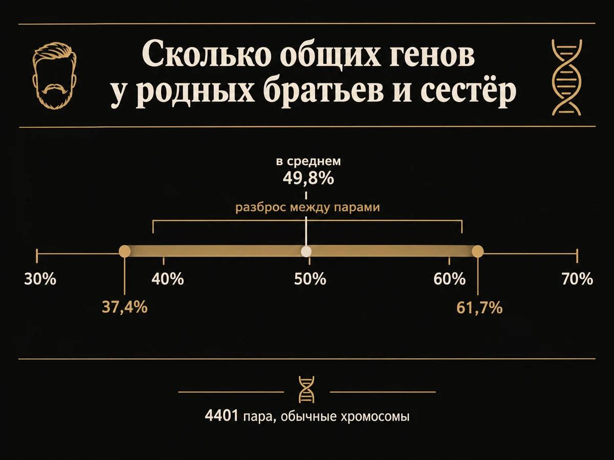 Шкала: доля общих генов у родных братьев и сестёр от 37,4% до 61,7%, в среднем 49,8%
