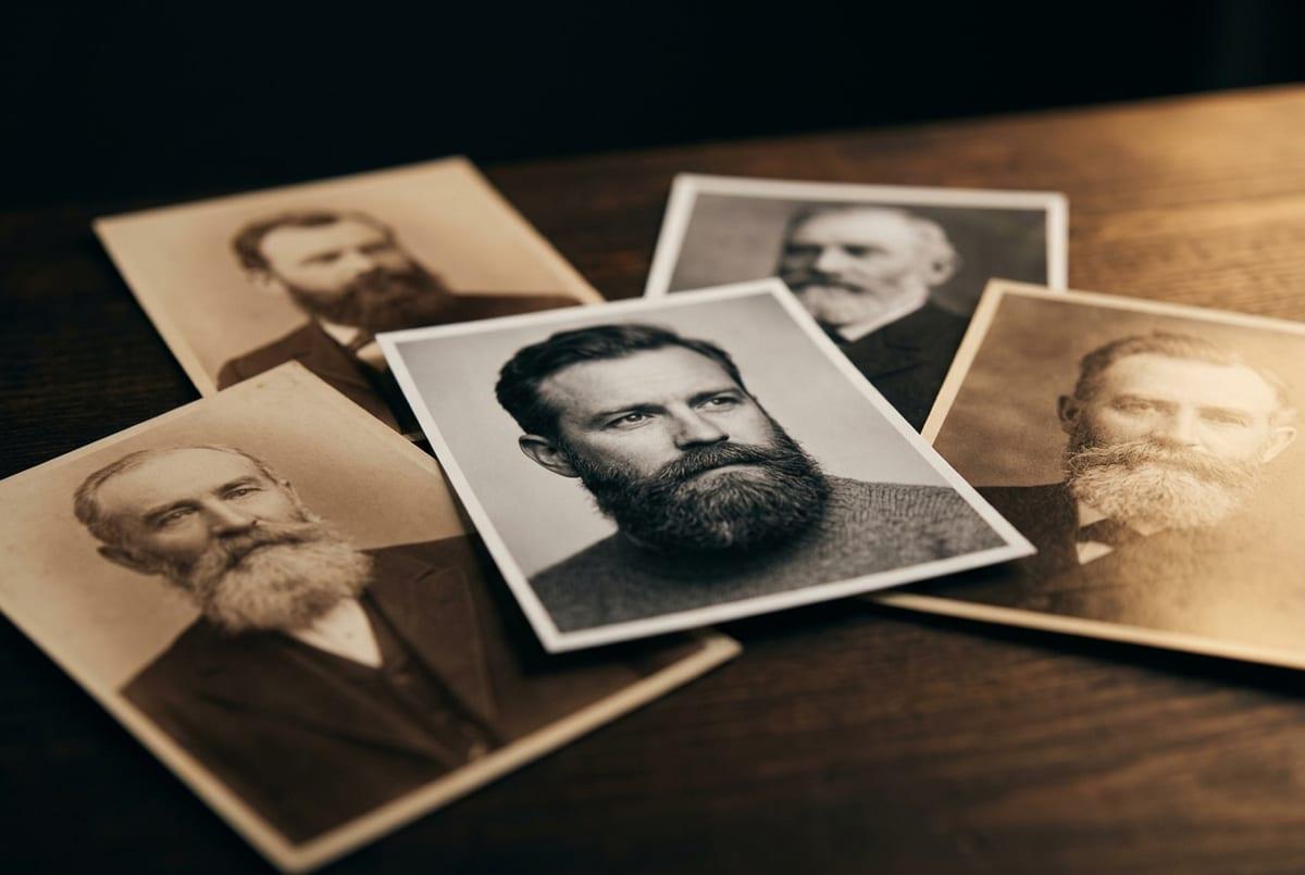 Старые семейные фотографии бородатых мужчин разных поколений на тёмном деревянном столе