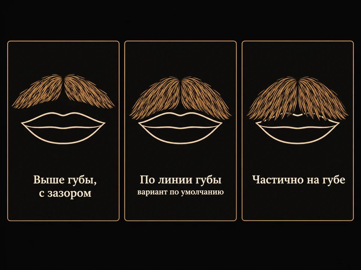 Три схемы края усов: выше губы с зазором, ровно по линии губы и частично на губе